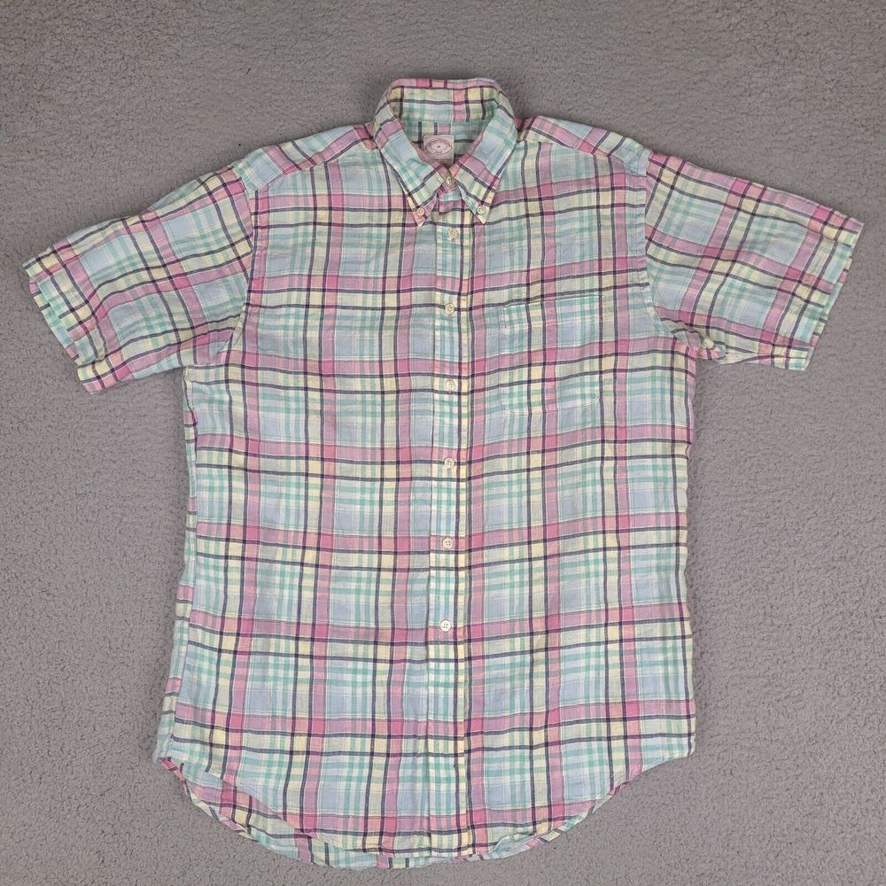 Brooks Brothers Shirt Mens Medium Plaid 346 100% Linen Button Down Short Sleeve
